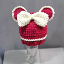 Knit Baby Hat Pink Mouse- Baby Beanie Hat with Bowl