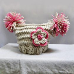Knit Baby Hat- Newborn Hat 0-3 Months with Crocheted Flower