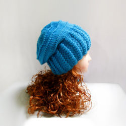 Knit pattern: hand knit slouchy hat in blue wool, winter hat, blue hat