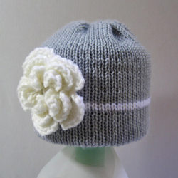 Knit baby hat, grey girl hat with flower
