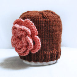 Knit baby girl hat newborn beanie brown with flower