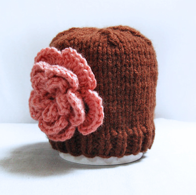 Knit baby girl hat newborn beanie brown with flower