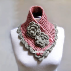Hand Knit Neck warmer Scarf Chunky Cowl Blush Pink Gray With Flowers