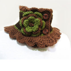 Knit Neck Warmer Scarf Collar Brown Green with Flower