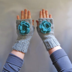 Knit fingerless mittens, hand knitted fingerless with flower