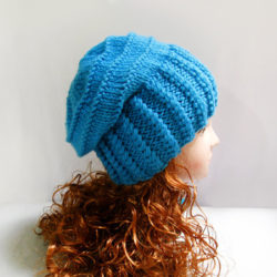Knit Slouchy Beanie Hat, Winter Blue Wool Slouchy