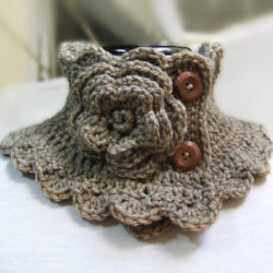 Knit Neck Warmer Scarf Collar Coffee with Milk with Crocheted Flower