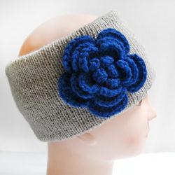 Knitted Headband Ear Warmer, Headbands for Women with Blue Flower