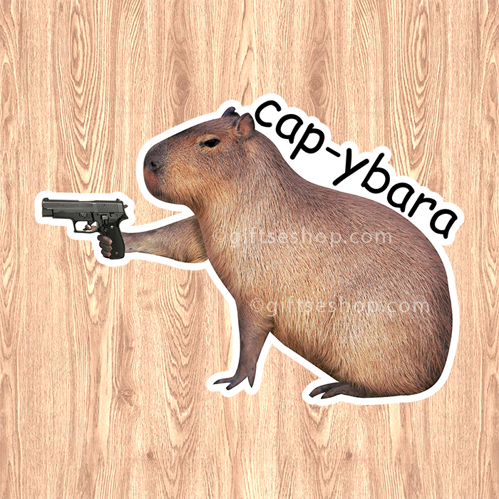 This is a Bust a Cap-ybara Capybara Gun Sticker